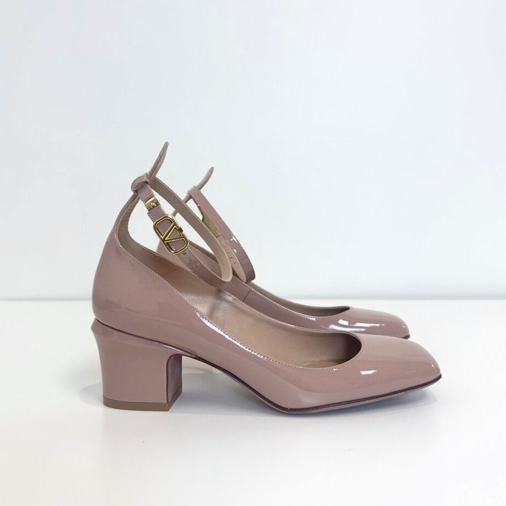 VALENTINO VLogo Tan-Go Nude Ankle Strap Pumps 37.5 NEW Square Toe Block Heels